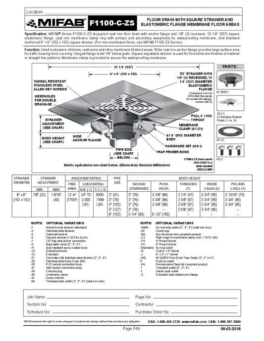 Coladera de Piso con Rejilla Cuadrada Extra Extendida para Membrana marca Mifab, Quima.com, F1100-C-ZS, Hoja Tecnica