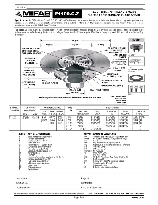 Coladera de Piso con Rejilla Circular Extra extendida para Membrana marca Mifab, Quima, F1100-C-Z, Hoja Tecnica