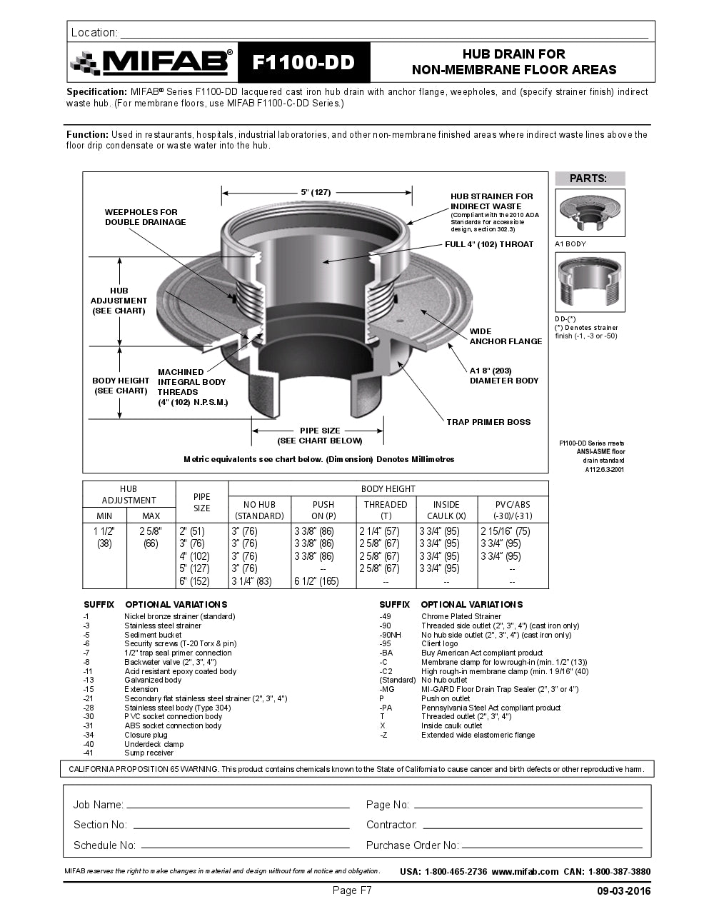 Coladera de Piso sin Rejilla Circular marca Mifab, Quima.com, F1100-DD, Hoja Tecnica