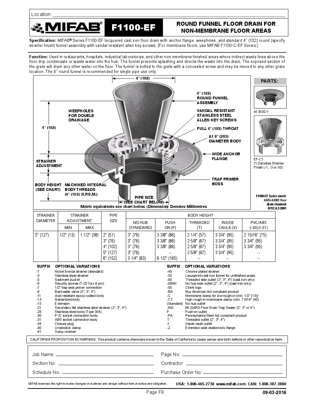 Coladera de Piso con Rejilla Circular y Embudo marca Mifab, Quima.com, F1100-EF, Hoja Tecnica