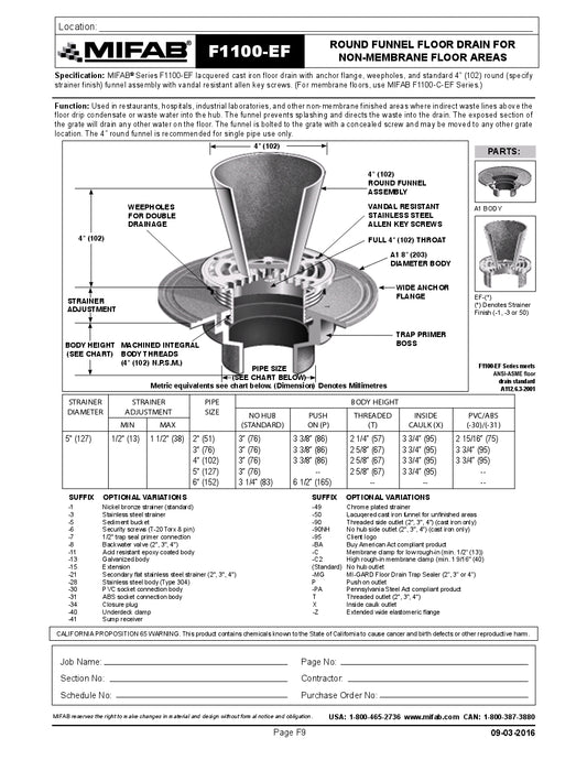 Coladera de Piso con Rejilla Circular y Embudo marca Mifab, Quima.com, F1100-EF, Hoja Tecnica