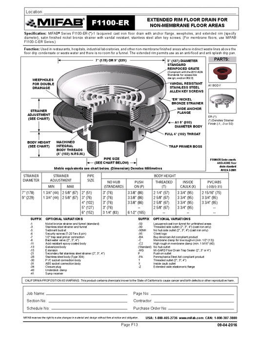 Coladera de Piso con Rejilla Circular y Embudo Extendido marca Mifab, Quima.com, F1100-ER, Hoja Tecnica