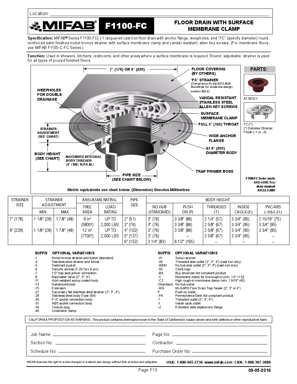 Coladera de Piso con Rejilla Circular y Sujetador de Membrana Superficial marca Mifab, Quima.com, F1100-FC, Hoja Tecnica