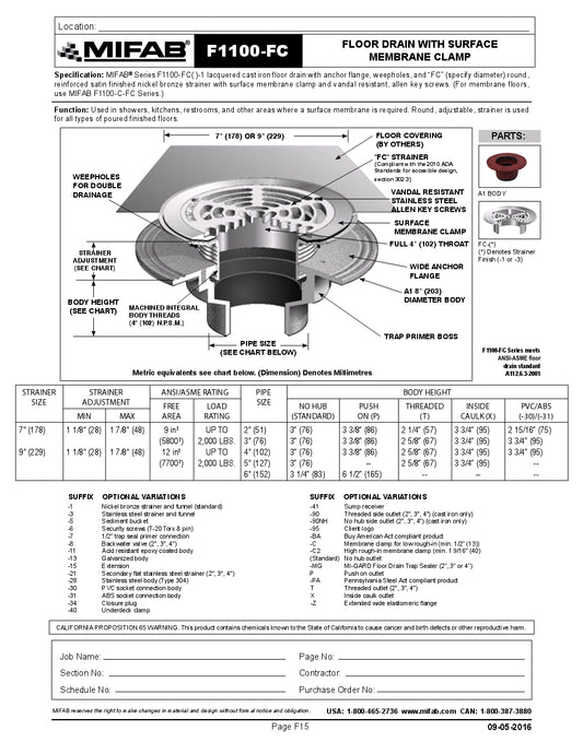 Coladera de Piso con Rejilla Circular y Sujetador de Membrana Superficial marca Mifab, Quima.com, F1100-FC, Hoja Tecnica