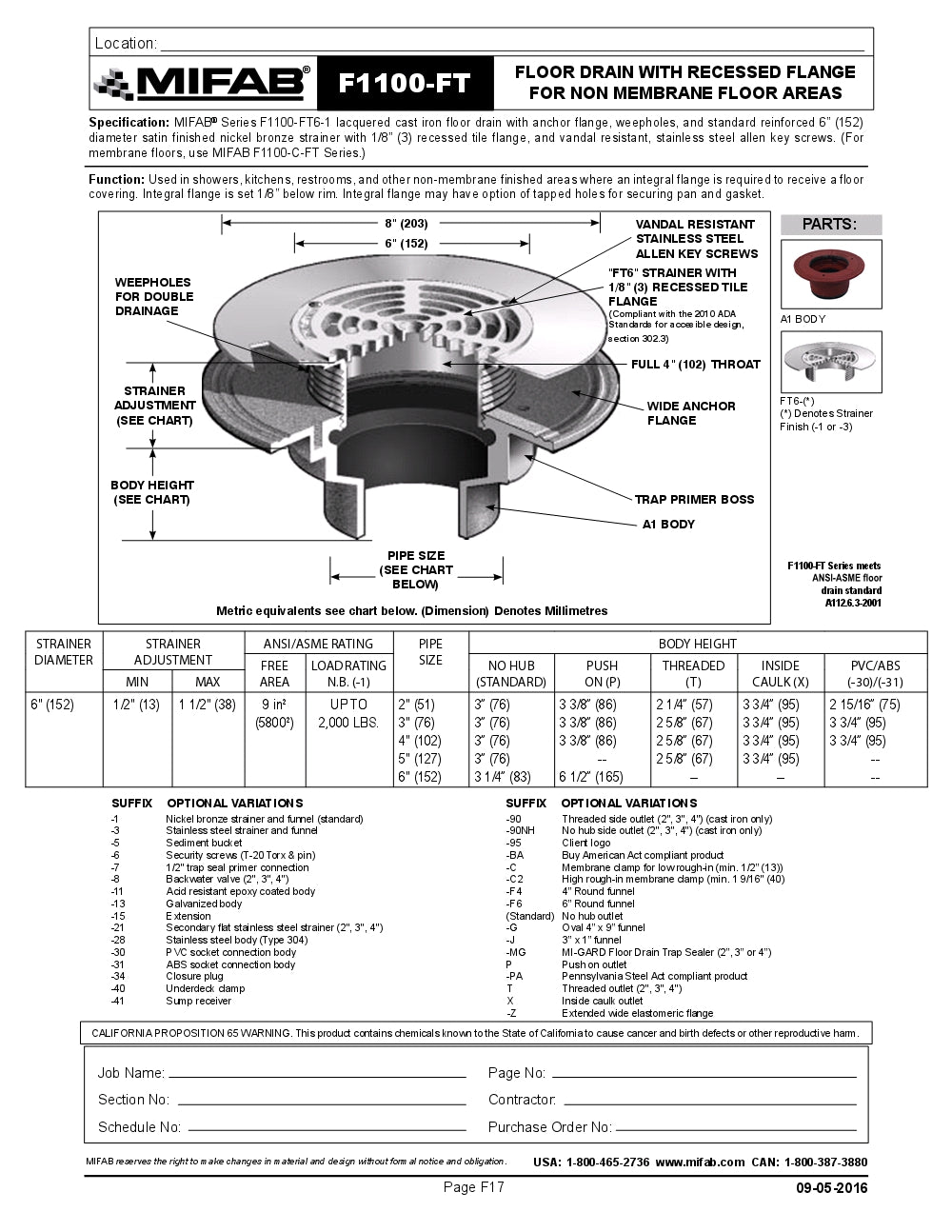 Coladera de Piso con Rejilla Circular Extendida marca Mifab, Quima.com, F1100-FT, Hoja Tecnica