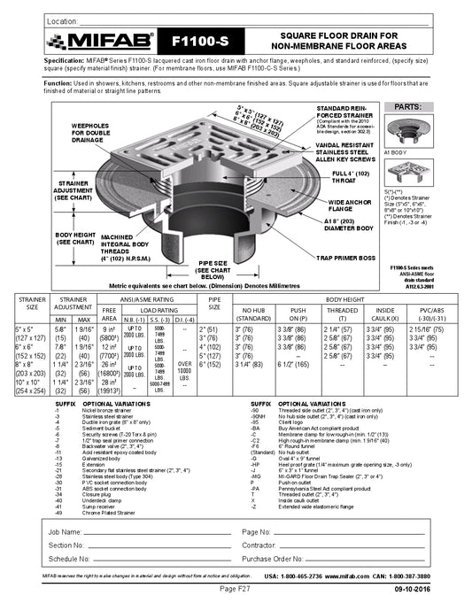 Coladera de Piso con Rejilla Cuadrada marca Mifab, Quima.com, F1100-S, Hoja Tecnica