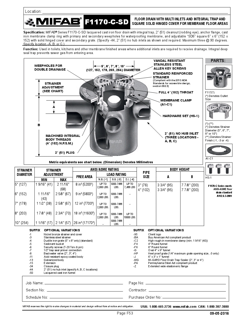 Coladera de Piso con Rejilla Circular y Trampa Internacional Integrada marca Mifab, Quima.com, F1170-C, Hoja Tecnica