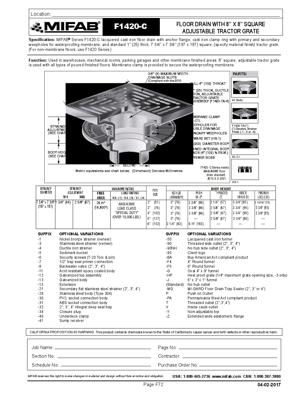 Coladera de Piso con Rejilla Cuadrada Removible de 8" marca Mifab, Quima.com , F1420-C, Hoja Tecnica