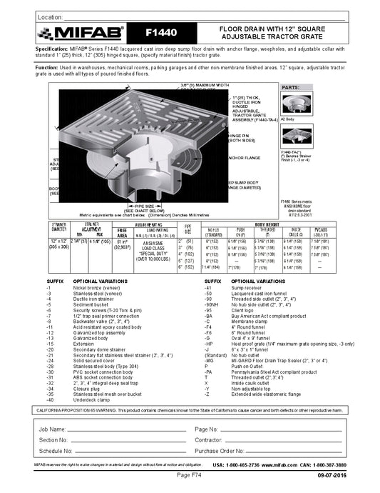 Coladera de Piso con Rejilla Cuadrada Removible de 12" marca Mifab, Quima.com, F1440, Hoja Tecnica