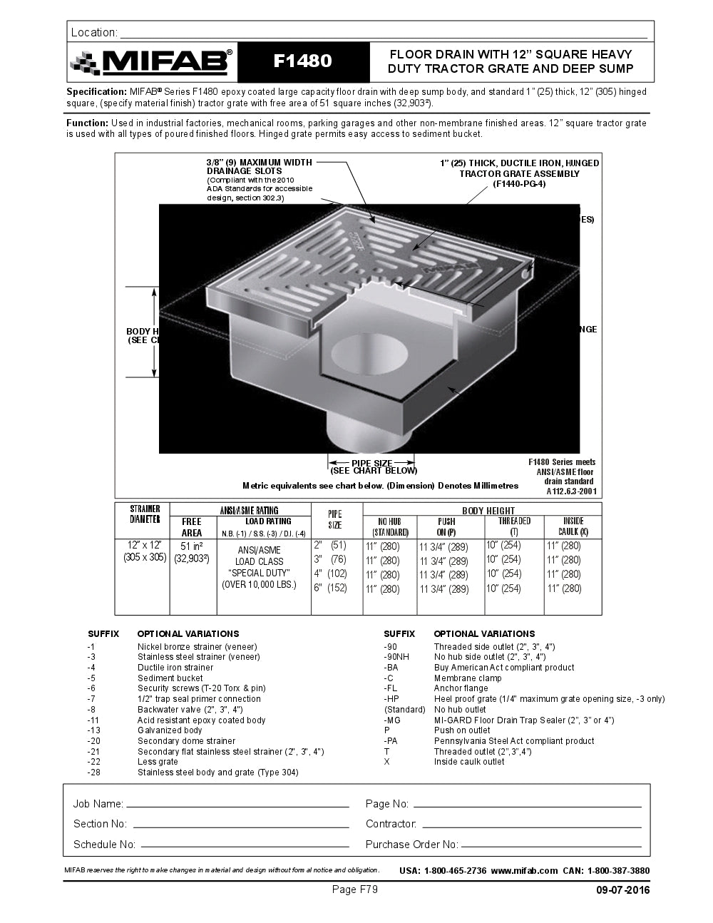 Coladera de Piso con Rejilla Cuadrada Removible de 12" amplia Cavidad Cuadrada marca Mifab, Quima.com, F1480, Hoja Tecnica