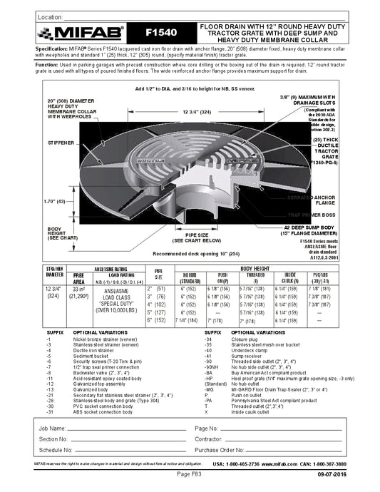 Coladera de Piso con Rejilla Circular Removible de 12" amplio Reborde