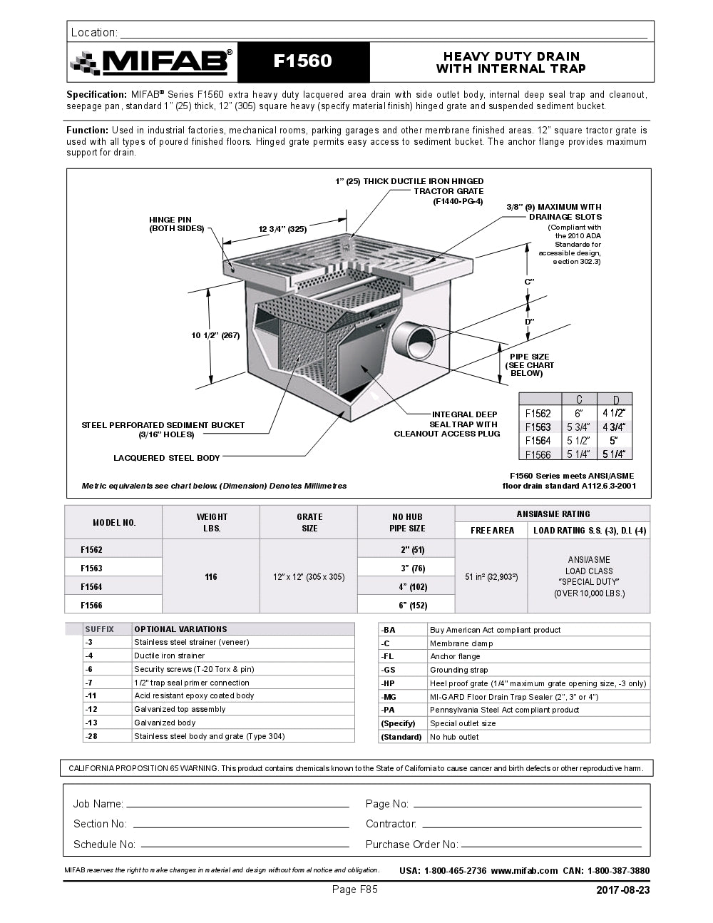 Coladera de Piso con Rejilla Cuadrada y Recolector de Basura marca Mifab, Quima.com, F1560, Hoja Tecnica