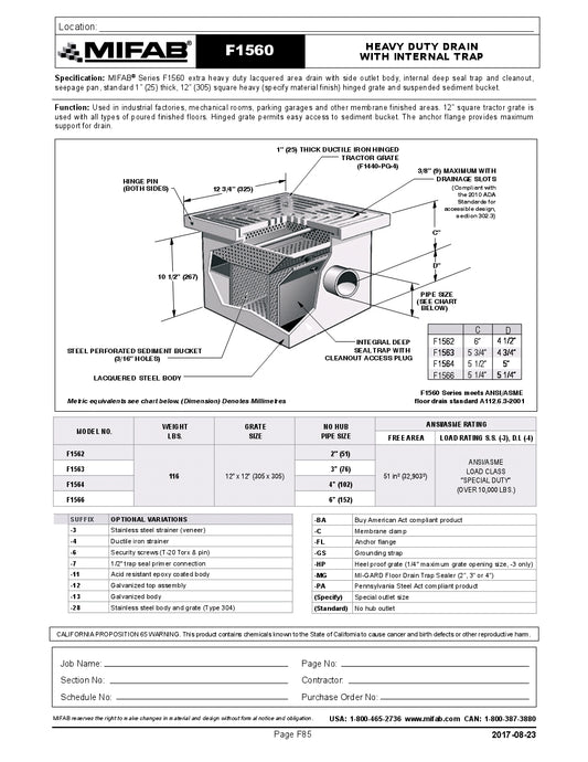 Coladera de Piso con Rejilla Cuadrada y Recolector de Basura marca Mifab, Quima.com, F1560, Hoja Tecnica