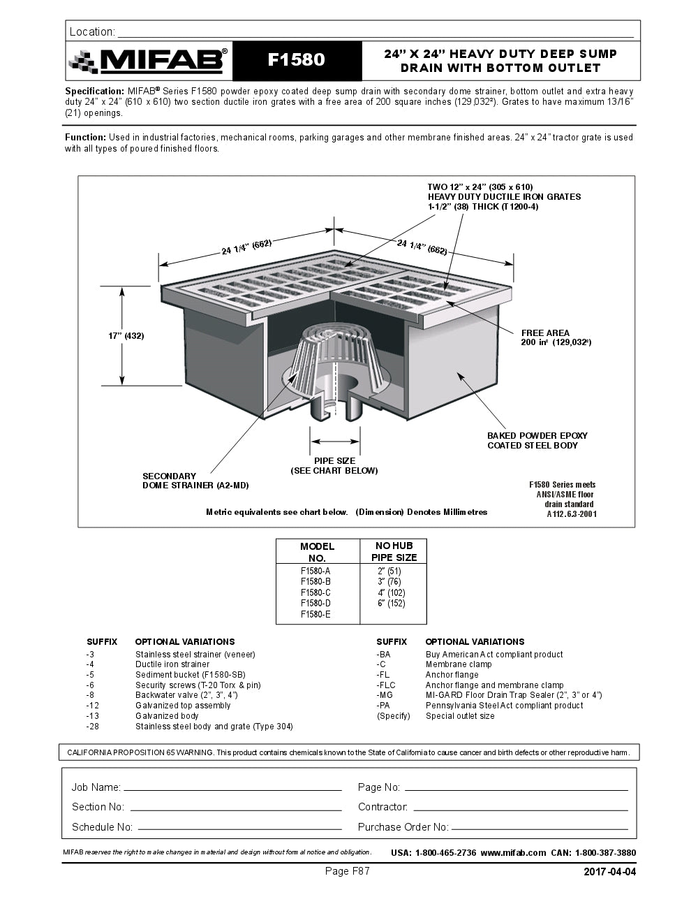 Coladera de Piso con Rejilla Cuadrada 24"x24" y Doble Recolector marca Mifab, Quima.com, F1580, Hoja Tecnica