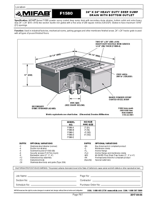 Coladera de Piso con Rejilla Cuadrada 24"x24" y Doble Recolector marca Mifab, Quima.com, F1580, Hoja Tecnica