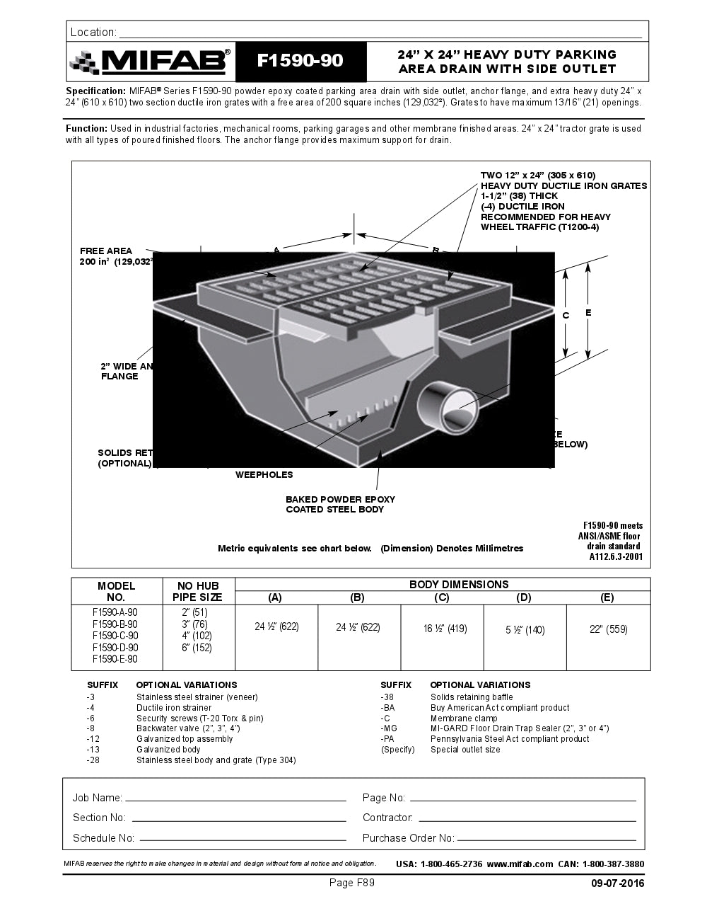 Coladera de Piso con Rejilla Cuadrada 24"x24" y Recolector de Solidos (2) marca Mifab, Quima.com, F1590-90, Hoja Tecnica