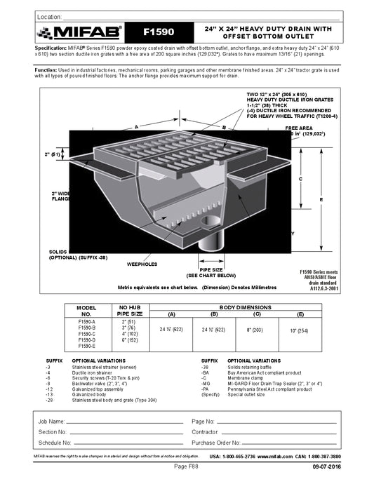 Coladera de Piso con Rejilla Cuadrada 24"x24" y Recolector de Solidos marca Mifab, Quima.com, F1590, Hoja Tecnica