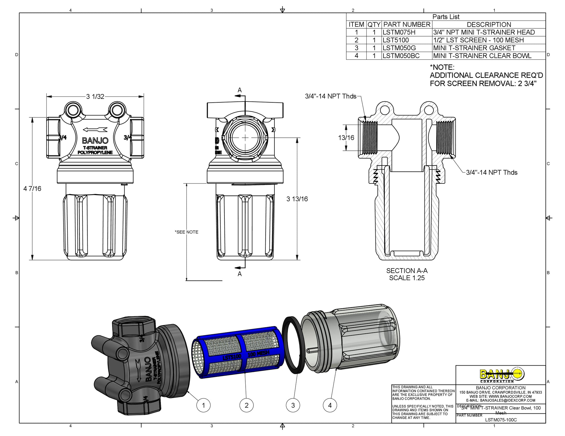 Mini Filtro en Forma T de 3/4"con Recipiente Transparente, Marca Banjo Mexico, Quima, LSTM075, Distribuidor autorizado, Proveedor autorizado, Hoja tecnica, Ficha tecnica, Hoja seguridad