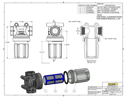 Mini Filtro en Forma T de 3/4"con Recipiente Transparente, Marca Banjo Mexico, Quima, LSTM075, Distribuidor autorizado, Proveedor autorizado, Hoja tecnica, Ficha tecnica, Hoja seguridad