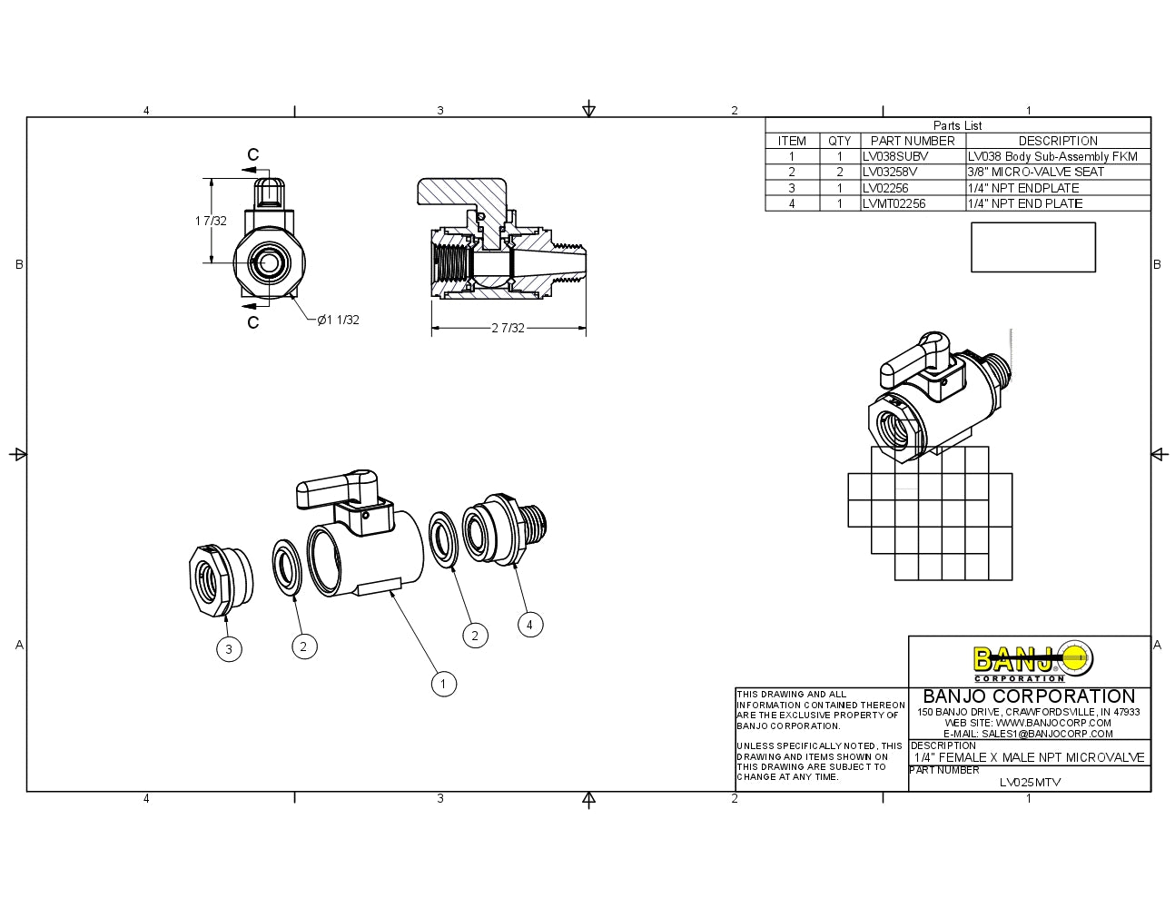 Micro Valvula Hembra a Macho de 1/4" - 1/2" de Polipropileno con Viton marca Banjo, Quima.com, LV025MTV, Hoja Tecnica