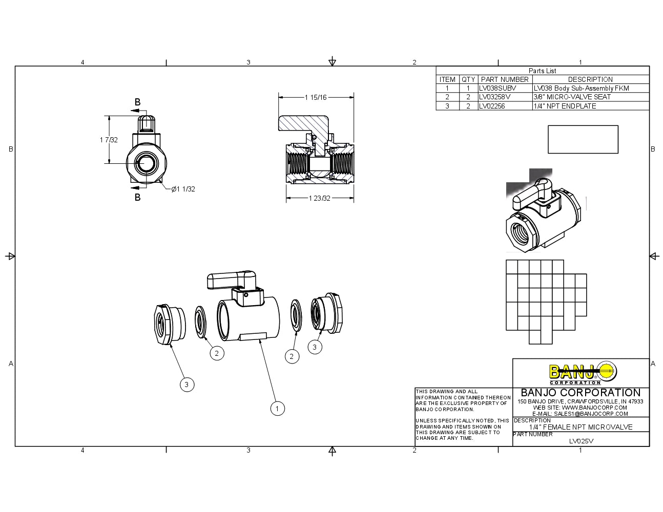 Micro Valvula Hembra de 1/4" - 1/2" de Polipropileno con Viton marca Banjo, Quima.com, LV025V, Hoja Tecnica