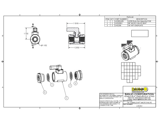 Micro Valvula Hembra de 1/4" - 1/2" de Polipropileno con Viton marca Banjo, Quima.com, LV025V, Hoja Tecnica