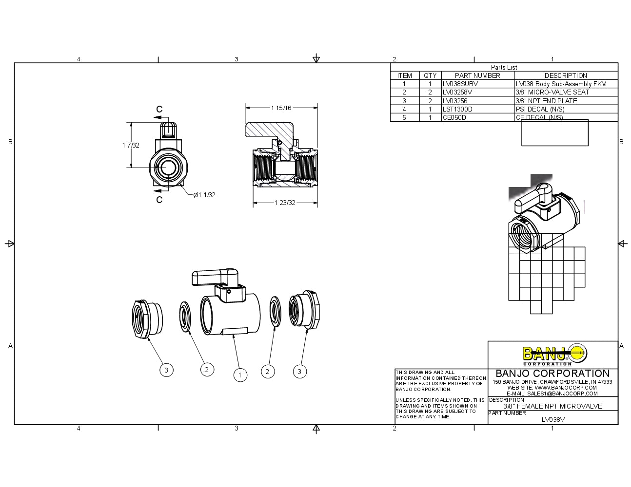 Micro Valvula Hembra de 1/4" - 1/2" de Polipropileno con Viton marca Banjo, Quima.com, LV035V, Hoja Tecnica