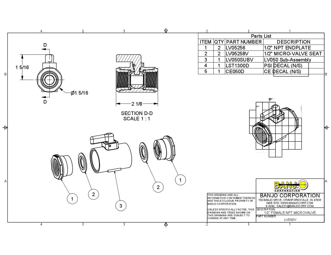 Micro Valvula Hembra de 1/4" - 1/2" de Polipropileno con Viton marca Banjo, Quima.com, LV050V, Hoja Tecnica