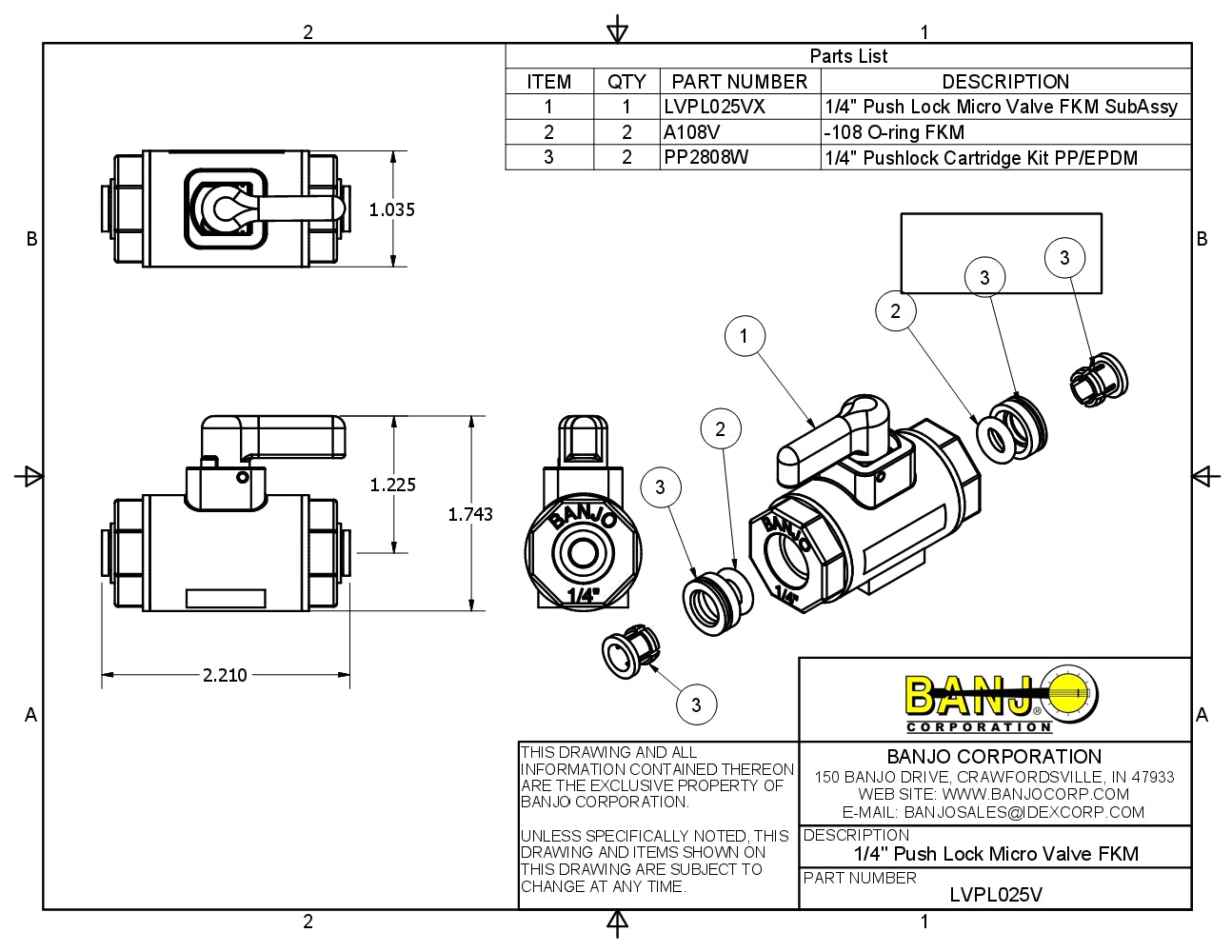 Micro Valvula entrada Hembra y Push Luck de Polipropileno marca Banjo con Viton, Quima.com, LVPL025V Hoja Tecnica