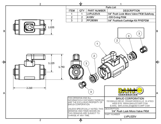 Micro Valvula entrada Hembra y Push Luck de Polipropileno marca Banjo con Viton, Quima.com, LVPL025V Hoja Tecnica