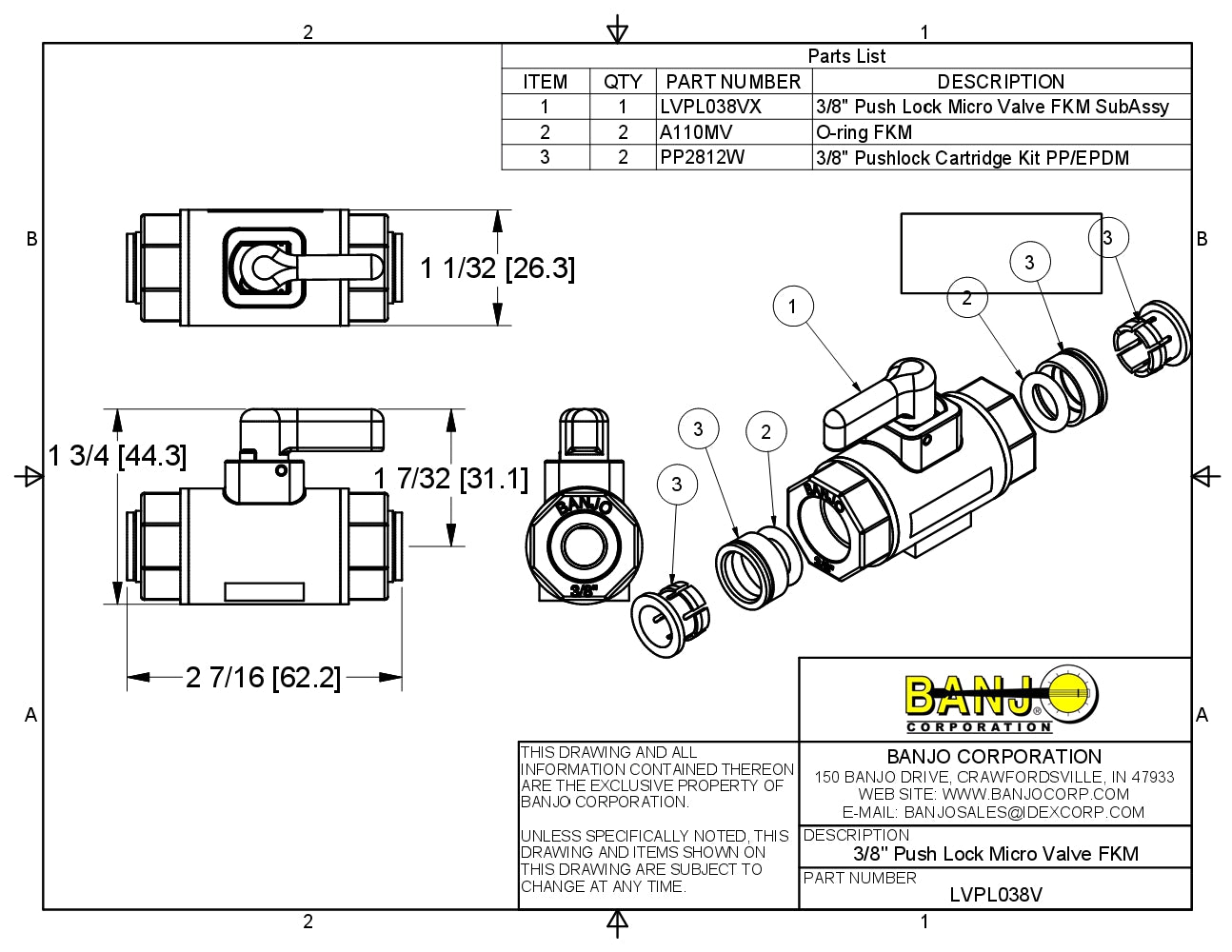 Micro Valvula entrada Hembra y Push Luck de Polipropileno marca Banjo con Viton, Quima.com, LVPL038V Hoja Tecnica