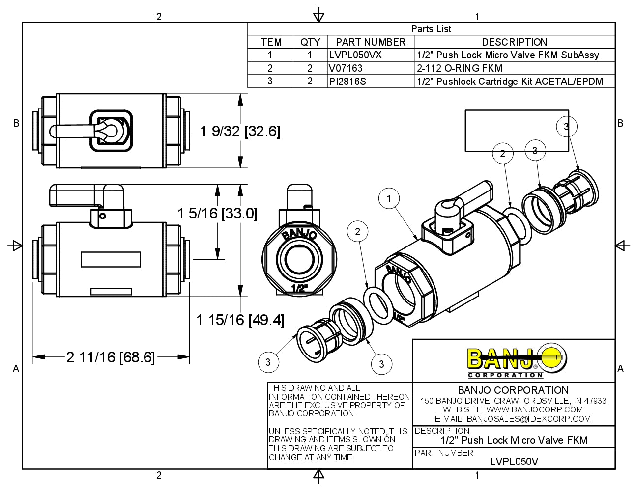 Micro Valvula entrada Hembra y Push Luck de Polipropileno marca Banjo con Viton, Quima.com, LVPL050V Hoja Tecnica