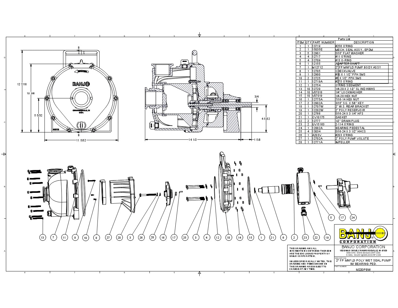 Bomba Centrifuga de 2" con Manifold y Rotor de 5 Aspas y Sello Humedo marca Banjo México, Quima.com, M220PBW , Hoja Técnica, Ficha técnica, Hoja seguridad, Distribuidor autorizado, Proveedor autorizado