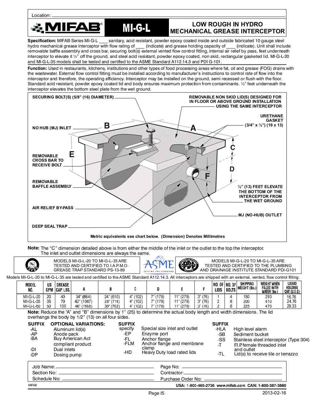 Trampa de Grasa de alta resistencia capacidades de 20 a 50 GPM y 40 a 100 Lbs de Retension de Grasa marca Mifab, Quima.com, MI-G-L, Hoja Tecnica