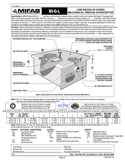 Trampa de Grasa de alta resistencia capacidades de 20 a 50 GPM y 40 a 100 Lbs de Retension de Grasa marca Mifab, Quima.com, MI-G-L, Hoja Tecnica