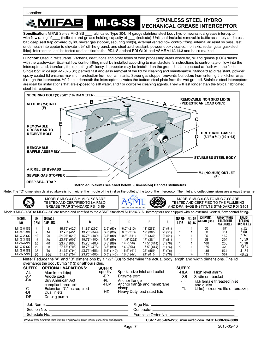 Trampa de Grasa de Asero Inoxidable capacidad de 4 a 50 GPM y 8 a 100 Lbs de Retension de Grasa marca Mifab, Quima.com, MI-G-SS, Hoja Tecnica