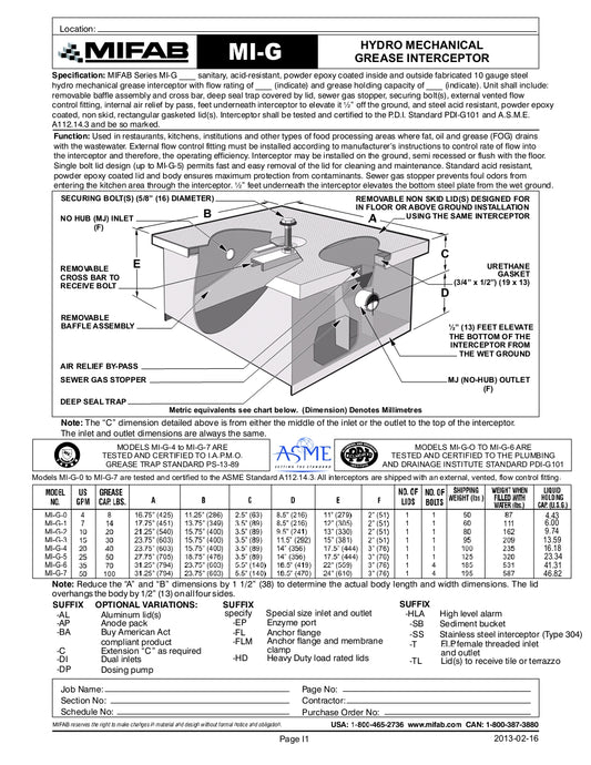 Trampa de Grasa de alta resistencia capacidades de 4 a 50 GPM y 8 a 100 Lbs de Retension de Grasa marca Mifab, Quima.com, MI-G, Hoja Tecnica