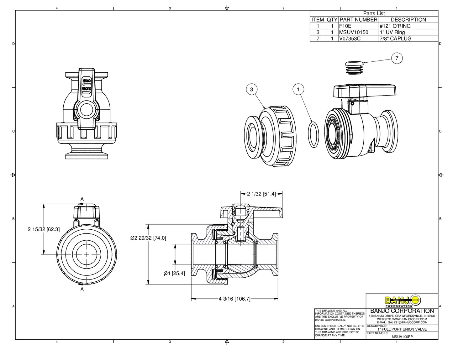 Válvula Manifold de Unión Simple con Apertura Amplia giratoria de 1" Marca Banjo México, Quima, Hoja técnica, Hoja seguridad, Ficha técnica, MSUV100FP, Distribuidor autorizado, Proveedor autorizado