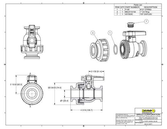 Válvula Manifold de Unión Simple con Apertura Amplia giratoria de 1" Marca Banjo México, Quima, Hoja técnica, Hoja seguridad, Ficha técnica, MSUV100FP, Distribuidor autorizado, Proveedor autorizado