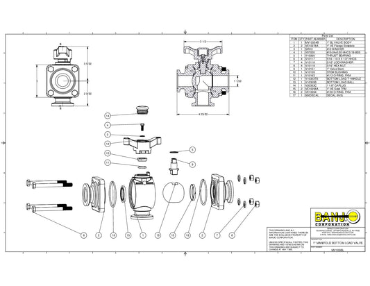 Válvula Manifold de Tres Vías con Salida Inferior de 1", Marca Banjo Mexico, Quima, Proveedor autorizado, Distribuidor autorizado, MV100BL, Hoja tecnica, Ficha tecnica, Hoja seguridad