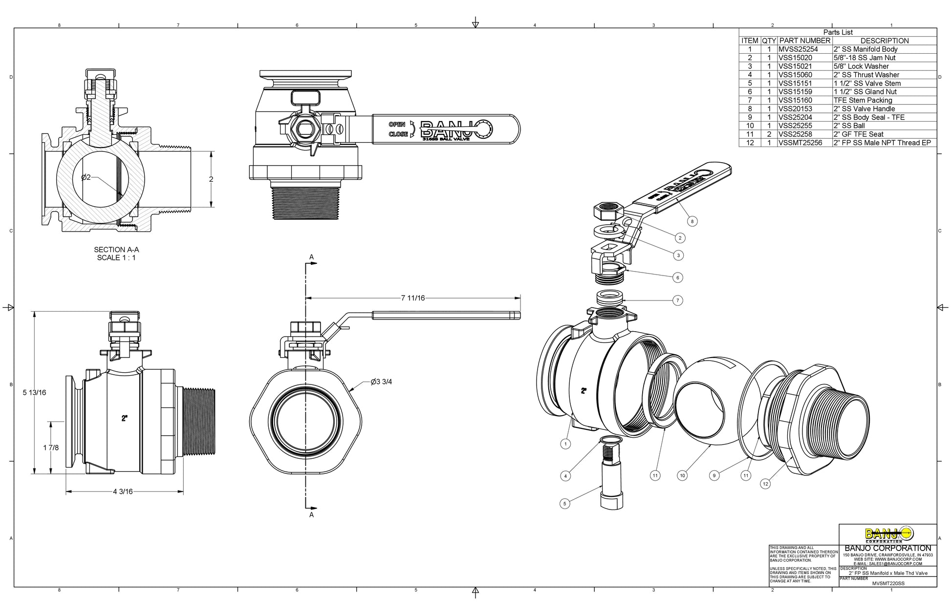 Válvula Manifold Amplia Apertura de Acero inoxidable de 2", Marca Banjo México, Quima, MVSMT220SS, Distribuidor autorizado, Proveedor autorizado, Hoja tecnica, Ficha tecnica, Hoja seguridad 