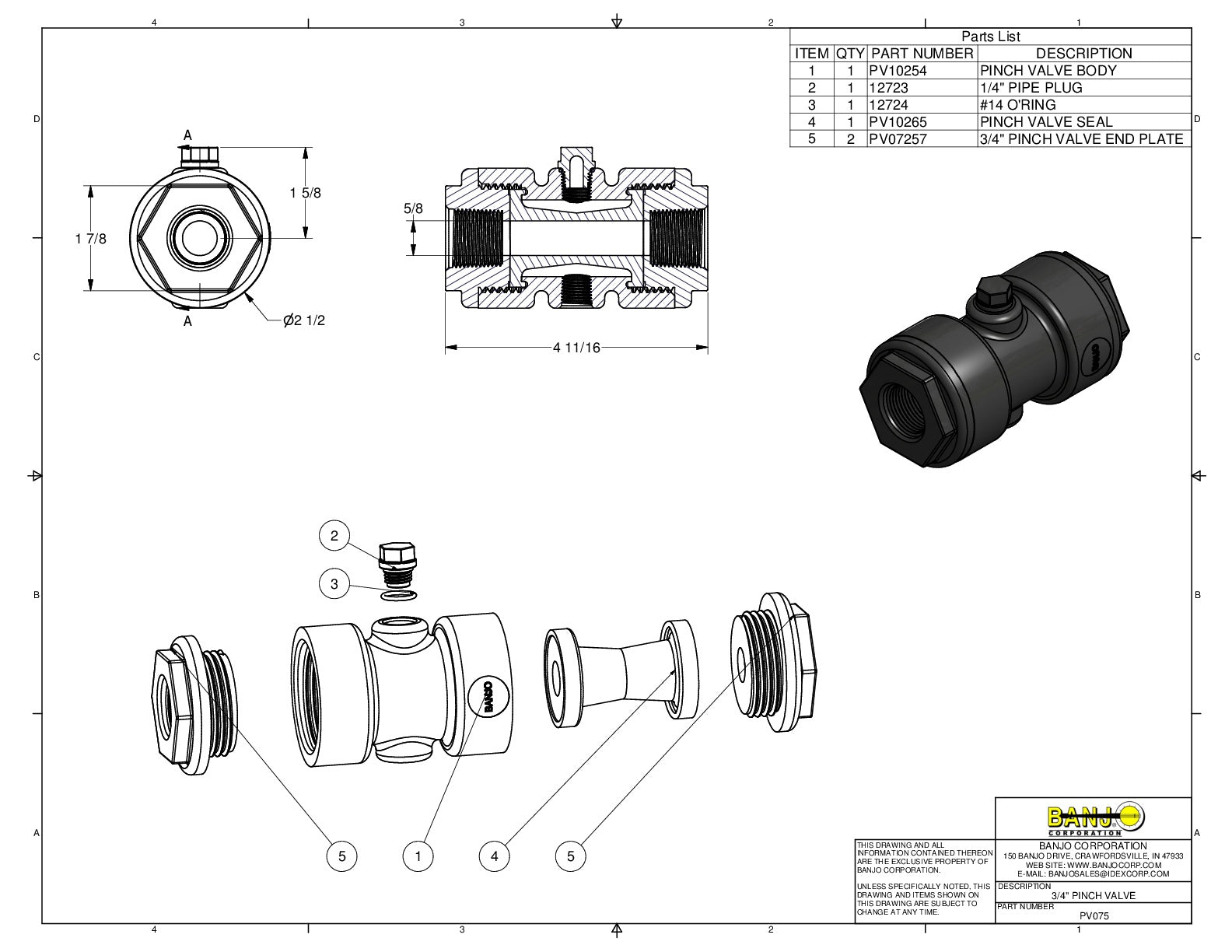 Válvula de Pellizco (Pinch) de 3/4 a 3/4", Marca Banjo Mexico, Proveedor autorizado, Quima, Distribuidor autorizado, PV075, Hoja técnica, Ficha técnica, Hoja seguridad