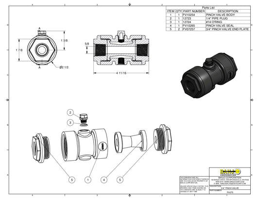 Válvula de Pellizco (Pinch) de 3/4 a 3/4", Marca Banjo Mexico, Proveedor autorizado, Quima, Distribuidor autorizado, PV075, Hoja técnica, Ficha técnica, Hoja seguridad