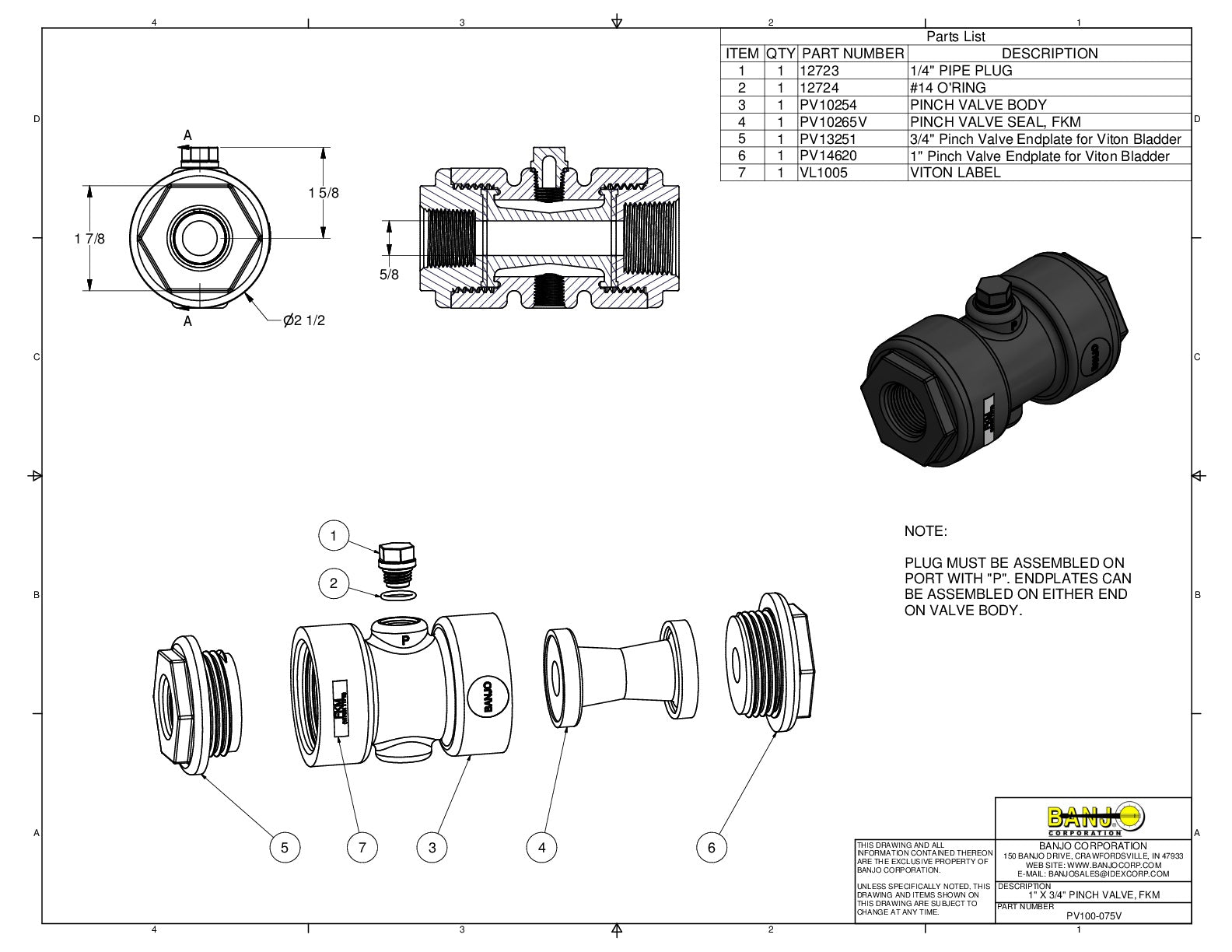 Válvula de Pellizco (Pinch) de 1 a 3/4", Marca Banjo México, PV100-075V, Quima, Distribuidor autorizado, Proveedor autorizado, Hoja técnica, Ficha técnica, Hoja seguridad