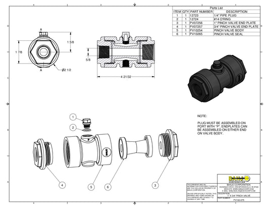 Válvula de Pellizco (Pinch) de 1 a 3/4", Marca Banjo Mexico,PV100-075, Quima, Proveedor autorizado, Distribuidor autorizado, Hoja seguridad, Ficha técnica, Hoja técnica  