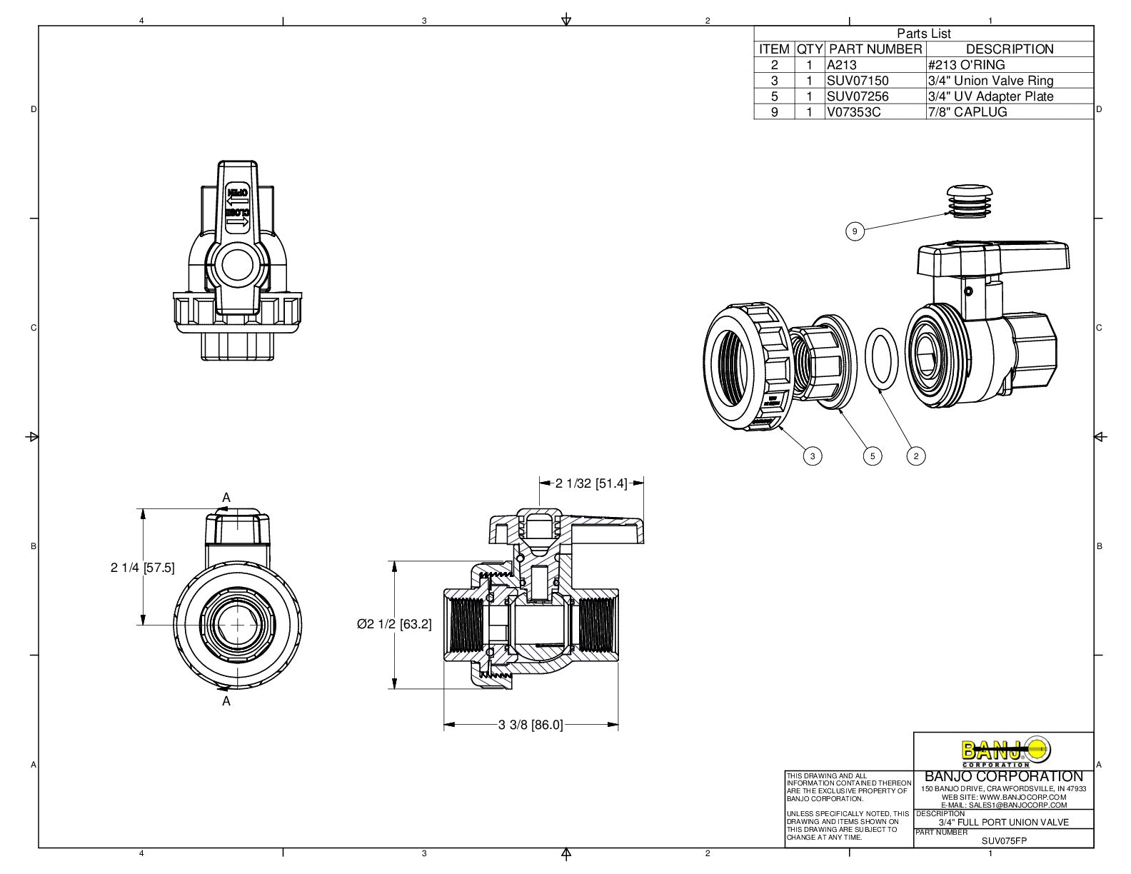 Válvula Giratoria de Unión Sencilla Apertura Amplia de 3/4" Marca Banjo México, Quima, SUV075FP, Proveedor autorizado, Distribuidor autorizado, Hoja técnica, Ficha técnica, Hoja seguridad