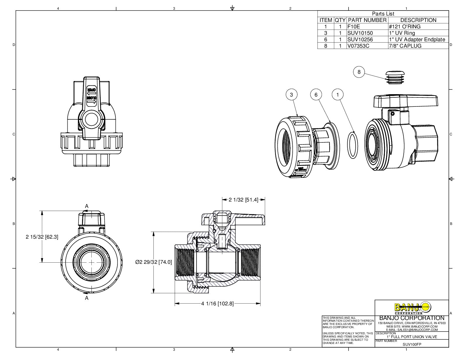 Válvula Giratoria de Union Sencilla Apertura Amplia de 1" Marca Banjo México, Quima, SUV100FP, Proveedor autorizado, Distribuidor Autorizado, Hoja técnica, Ficha técnica, Hoja seguridad