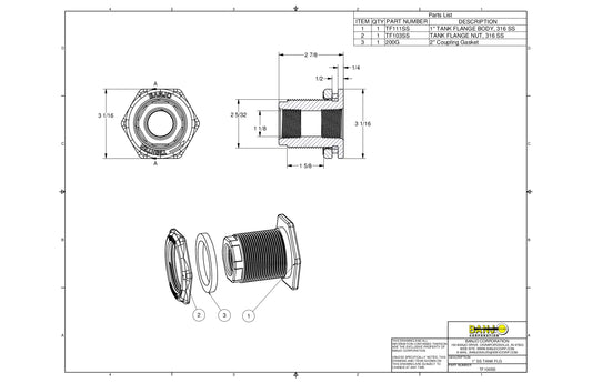 Conexión Hexagonal Bulkhead para Tanque de Acero Inoxidable Marca Banjo, Quima, TF100SS, Distribuidor autorizado, Proveedor autorizado, Hoja tecnica, Ficha tecnica, Hoja seguridad