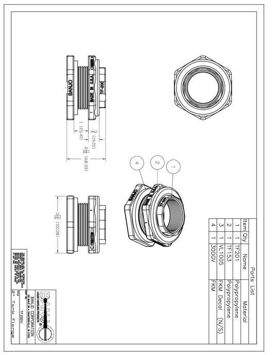 Conexión Hexagonal Bulkhead para Tanque de Polipropileno, Marca Banjo México, Quima, TF200V, Distribución autorizada, Proveedor autorizado, Hoja tecnica, Ficha tecnica, Hoja seguridad 