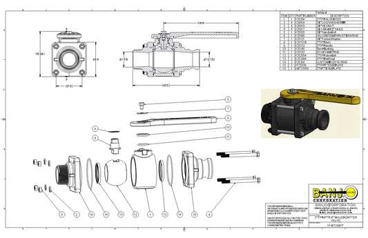 Valvula de bola compuerta completa reforzada con 4 tronillos de 2" NPT Macho y Nipple marca Banjo, Quima.com, VFMT204FP, Hoja Tecnica